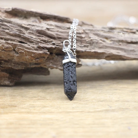 Root Chakra Black Lava Stone Pendant Necklace Silver
