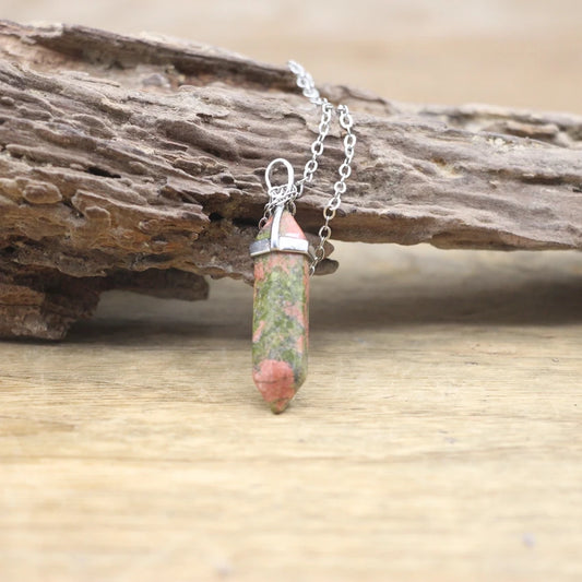 Heart/Third Eye Chakra Unakite Pendant Necklace Silver