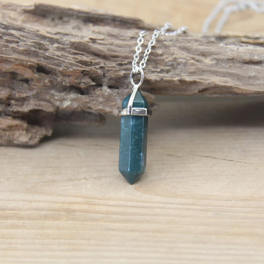 Heart Chakra Moss Agate Pendant Necklace Silver